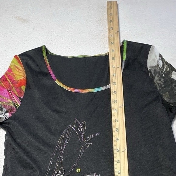 Artsy Mixed Media Patchwork Tunic Top L Black Floral Polka Dot Mesh Embellished - Picture 5 of 10
